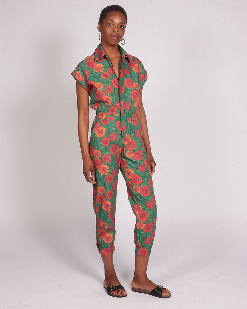 Agou Red Daisy Print Jumpsuit with Cap Sleeves