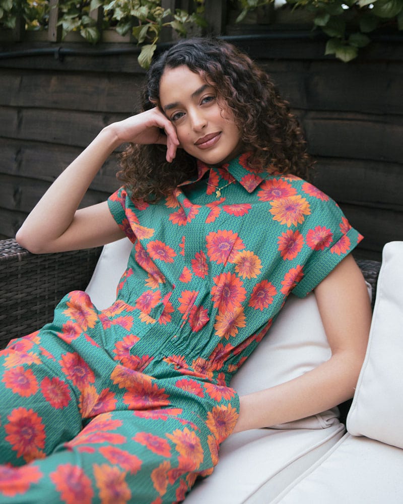 Agou Red Daisy Print Jumpsuit with Cap Sleeves