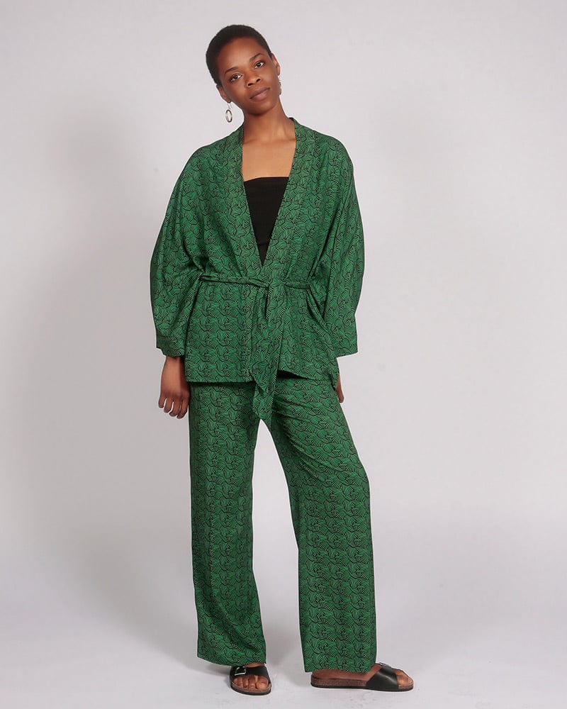 Kibo Lenzing™ Ecovero™ Belted Kimono In Green Print