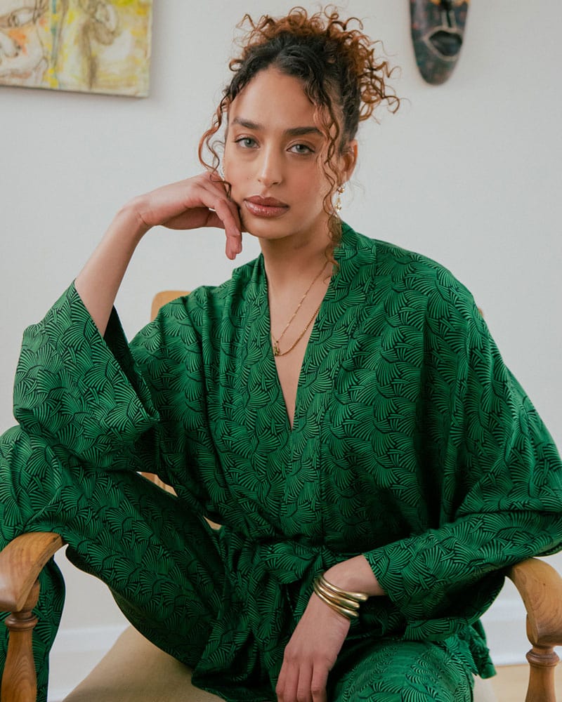 Kibo Lenzing™ Ecovero™ Belted Kimono In Green Print