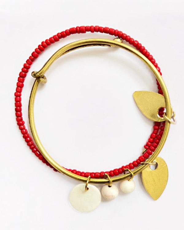 Leki Recycled Brass Double Mixed Bracelet  With Red Beads and Charms