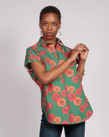 Sayeti Red Daisy Printed Short Sleeve Shirt