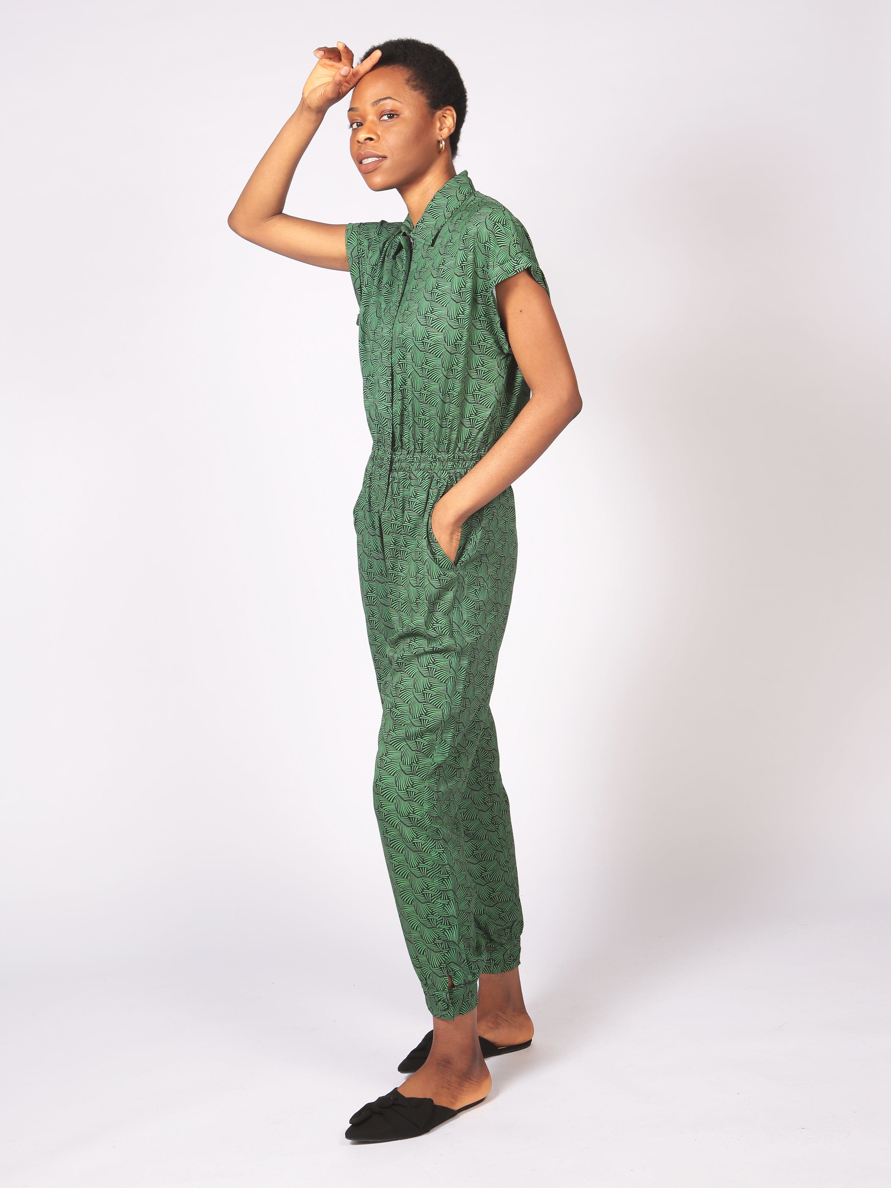 Agou Green Kipepeo Print Lenzing™ Ecovero™ Jumpsuit with Cap Sleeves