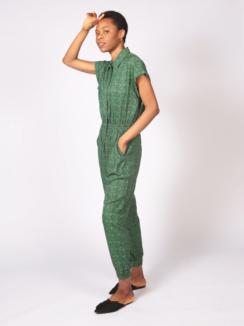 Agou Green Kipepeo Print Lenzing™ Ecovero™ Jumpsuit with Cap Sleeves