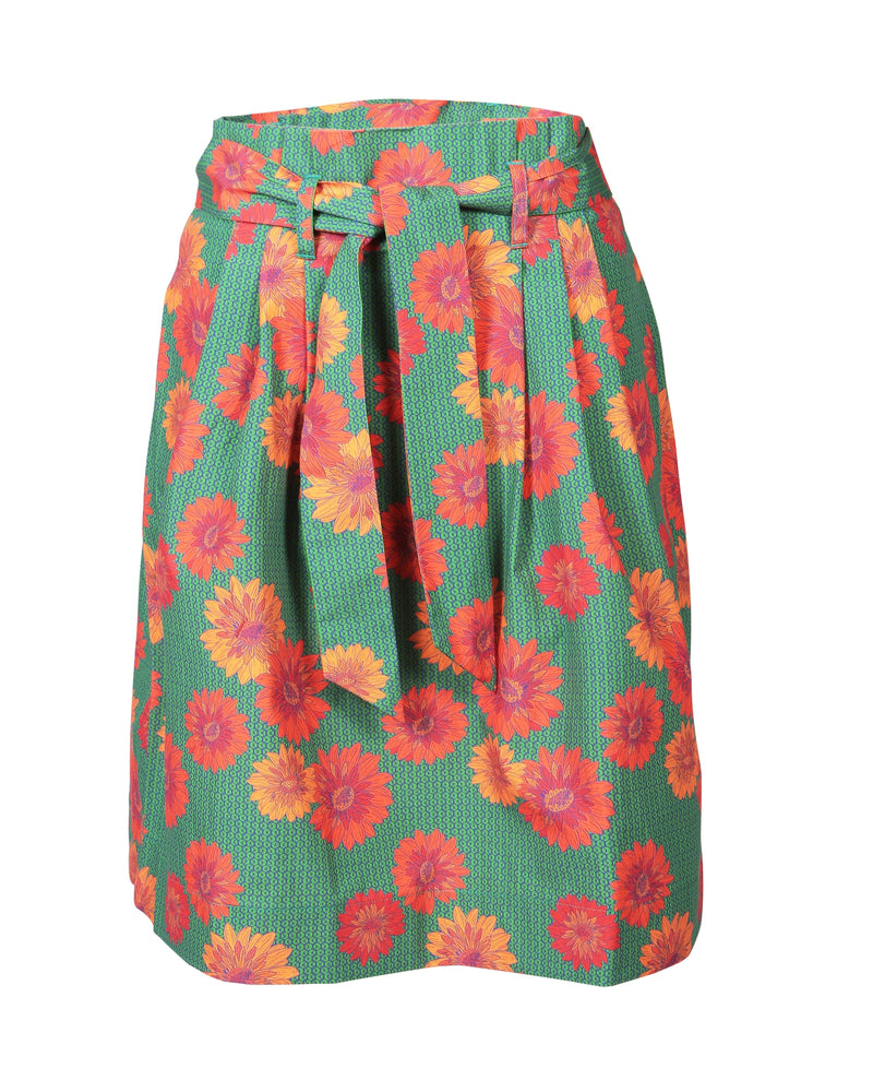Abieri Red Daisy Print Pleated Skirt With Belt