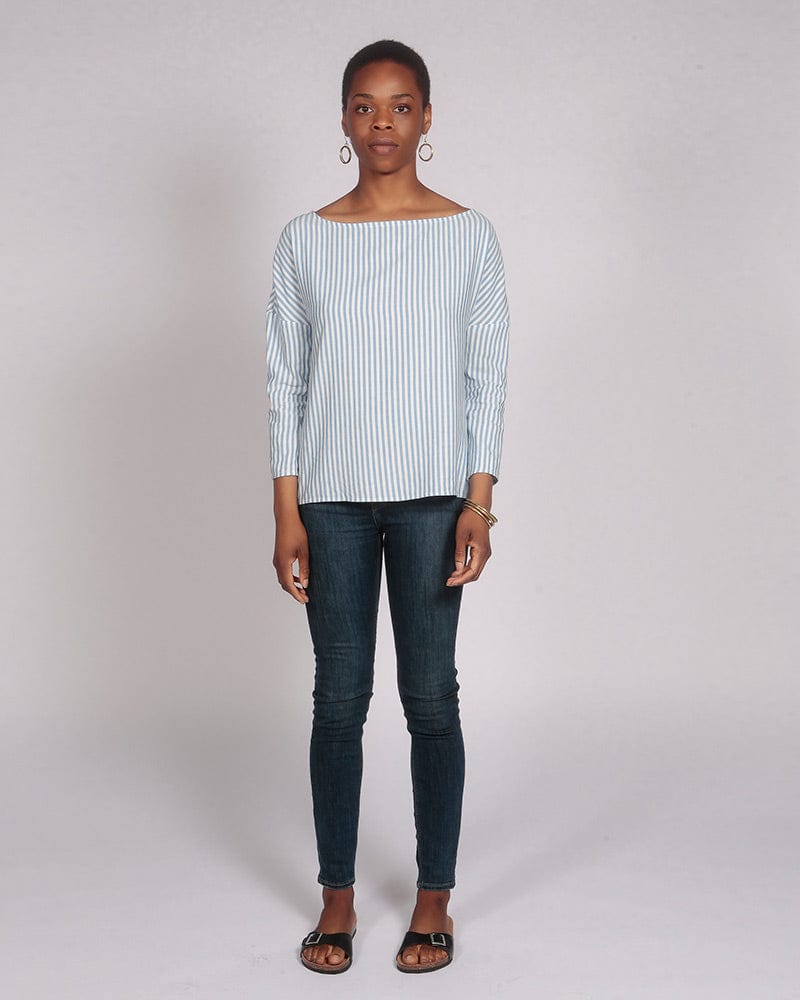 Somkaru Lenzing™ Ecovero™ Blue Stripe Wide Neck Long Sleeve Top