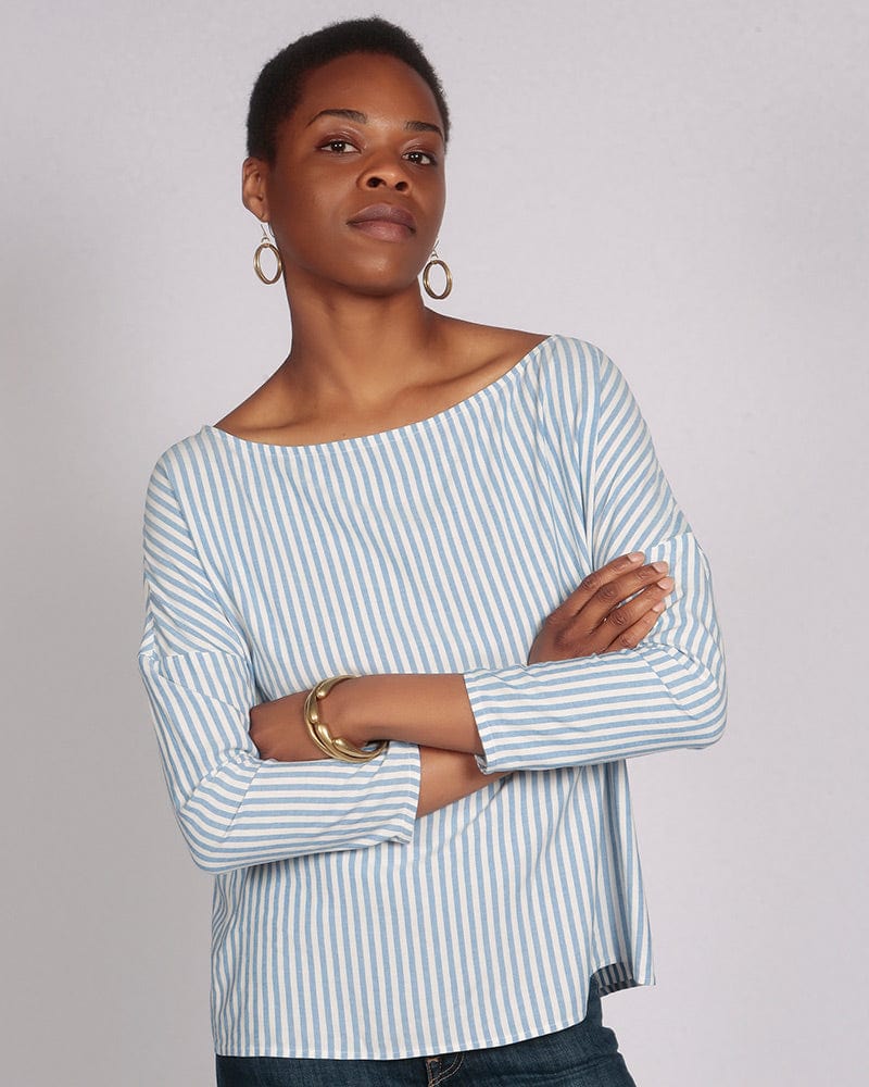 Somkaru Lenzing™ Ecovero™ Blue Stripe Wide Neck Long Sleeve Top