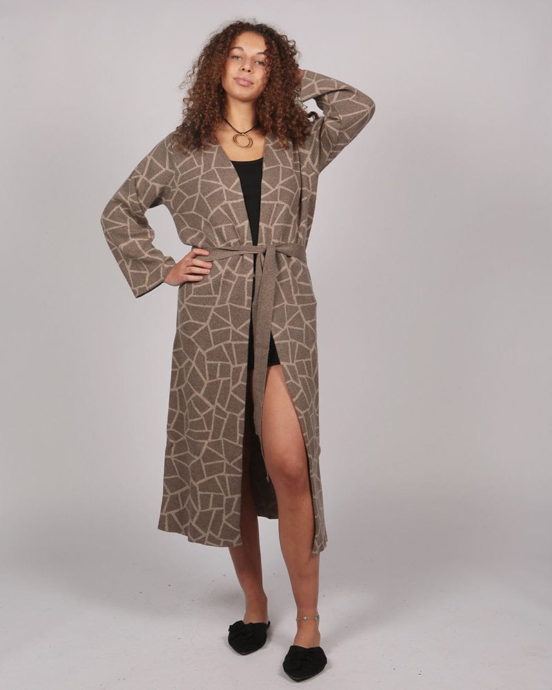 Iveti Long Belted Mocha Cardigan In Responsible Wool & Organic Cotton