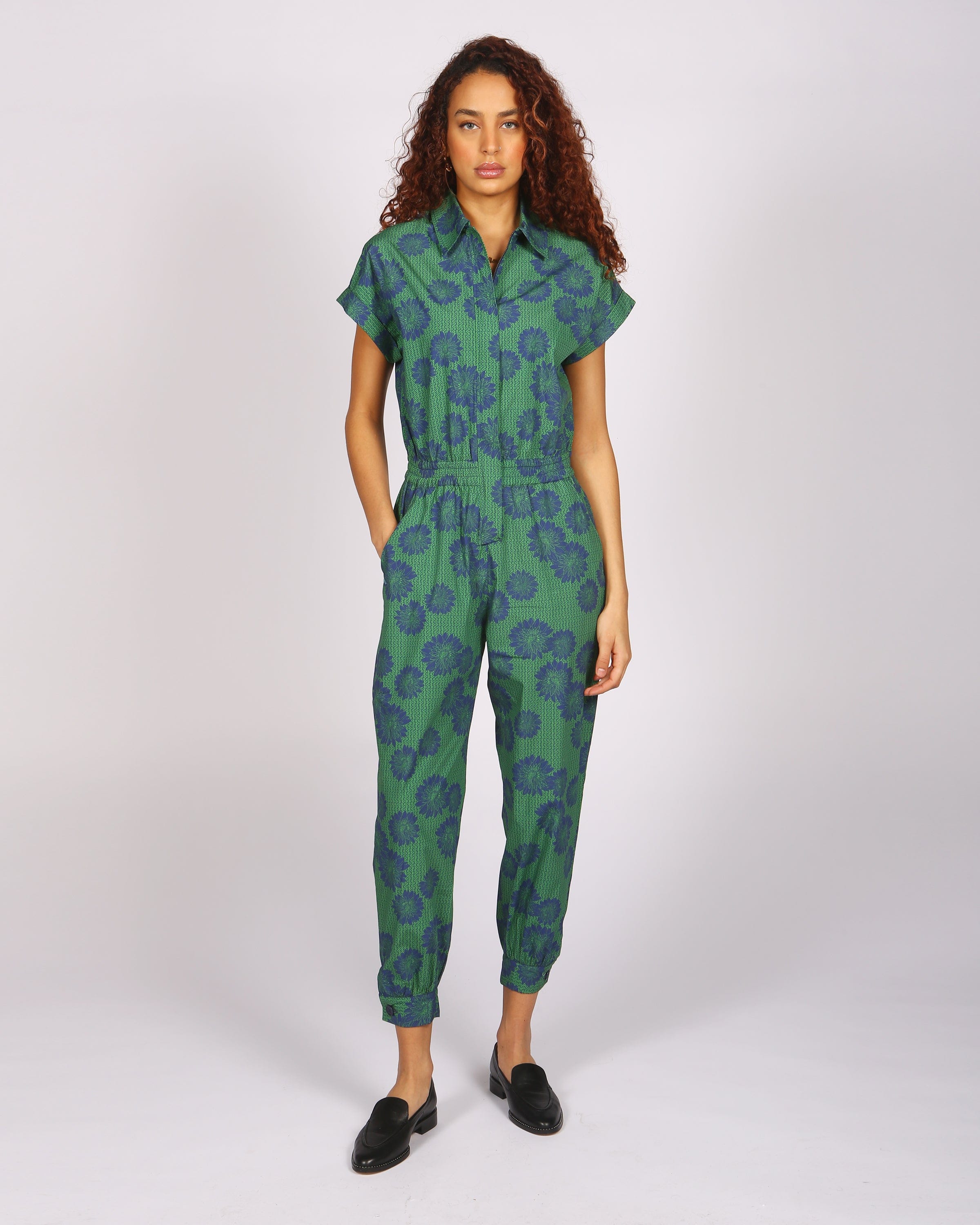 Agou Blue Daisy Print Jumpsuit with Cap Sleeves