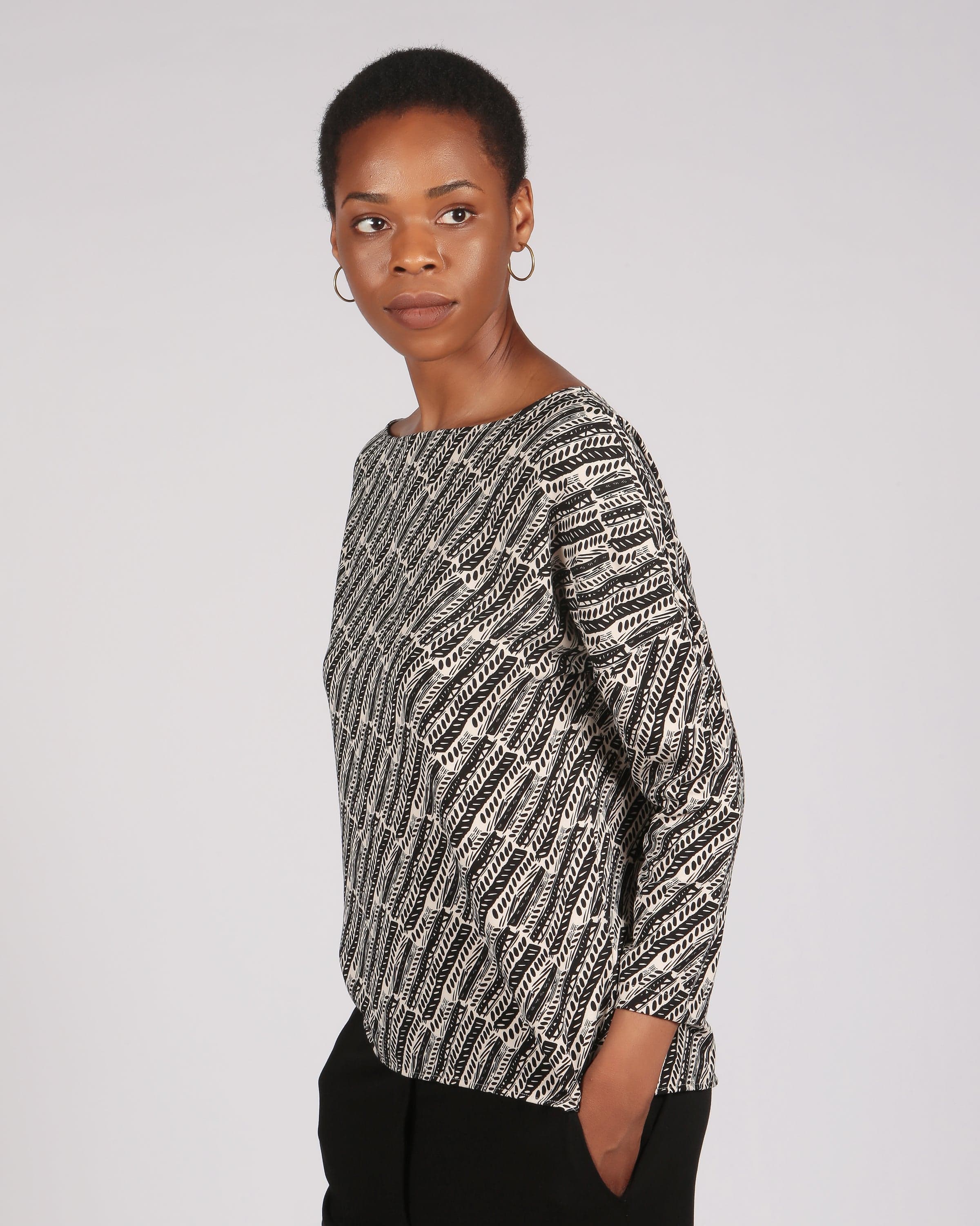 Somkaru Lenzing™ Ecovero™ Black and Cream Printed Wide Neck Long Sleeve Top