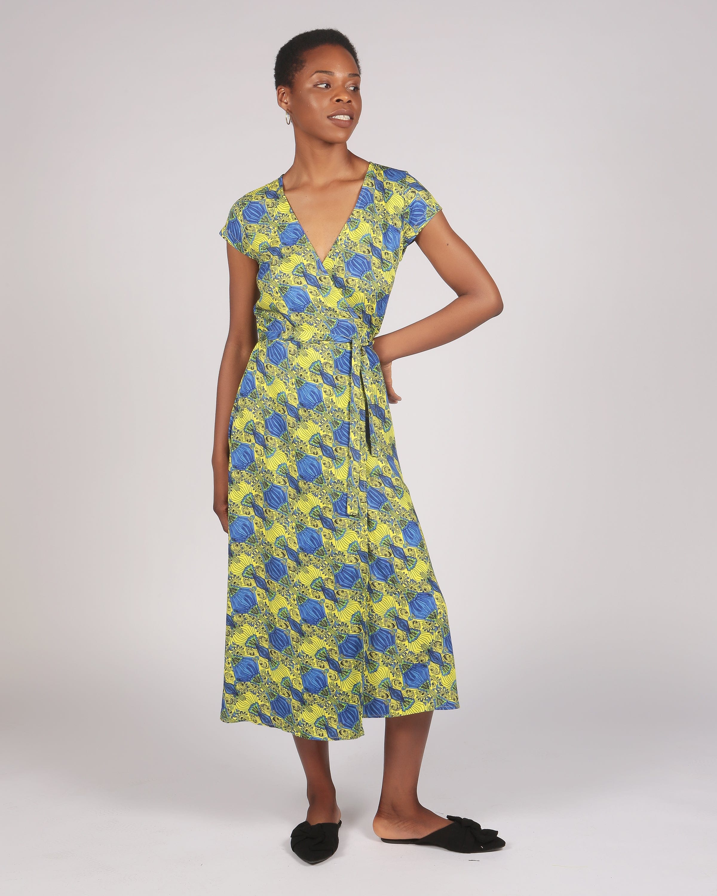 Azurki Lenzing™ Ecovero™ Yellow Print Midi Wrap Dress