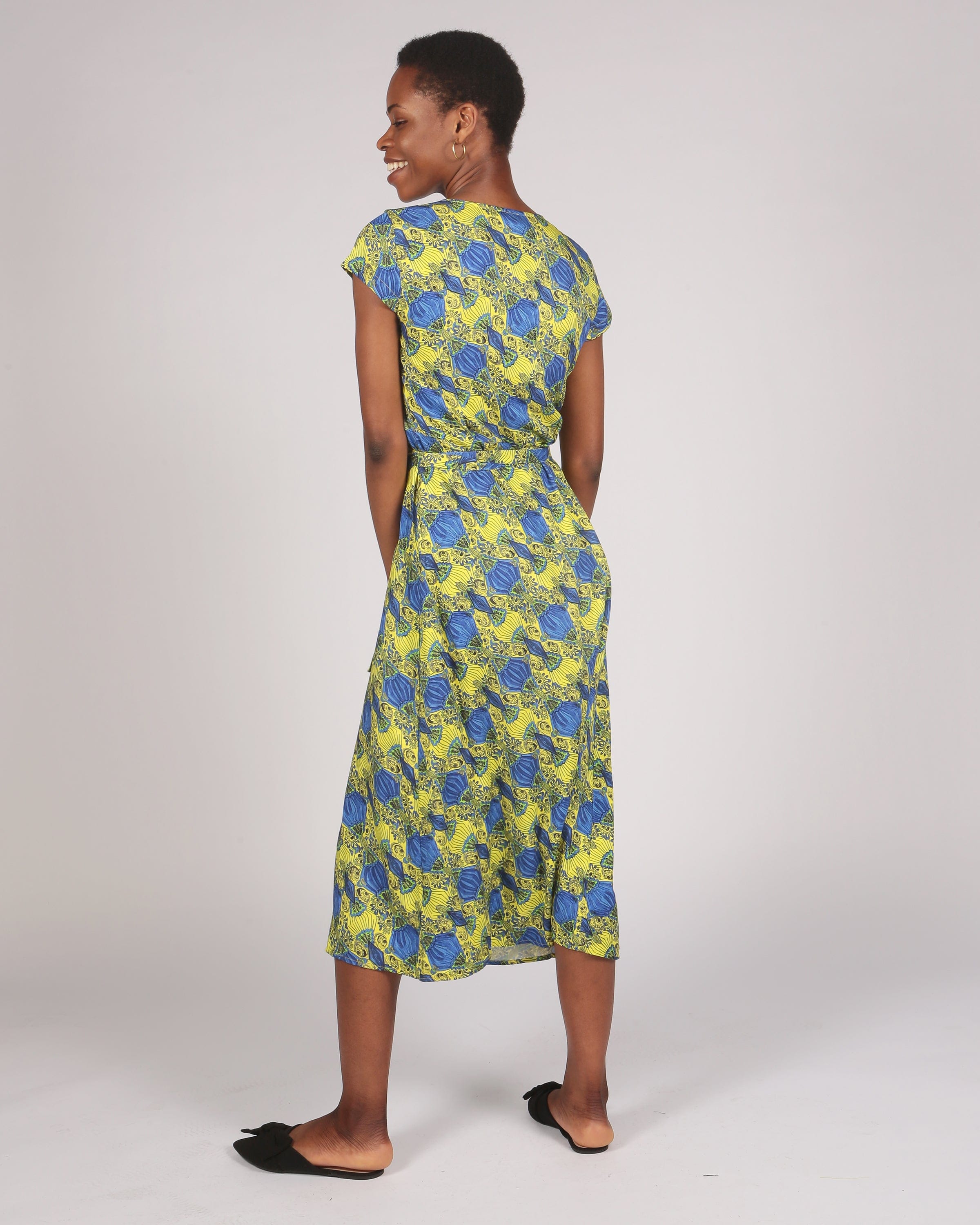 Azurki Lenzing™ Ecovero™ Yellow Print Midi Wrap Dress