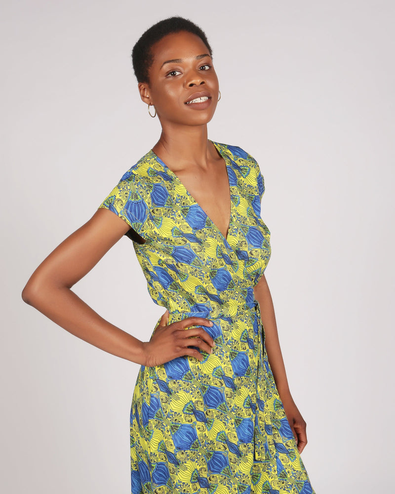 Azurki Lenzing™ Ecovero™ Yellow Print Midi Wrap Dress
