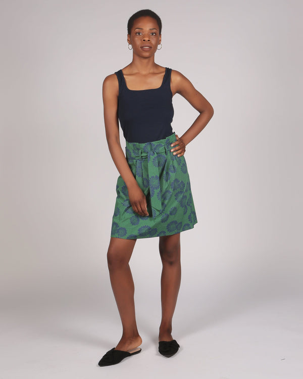 Abieri Blue Daisy Print Pleated Skirt With Belt