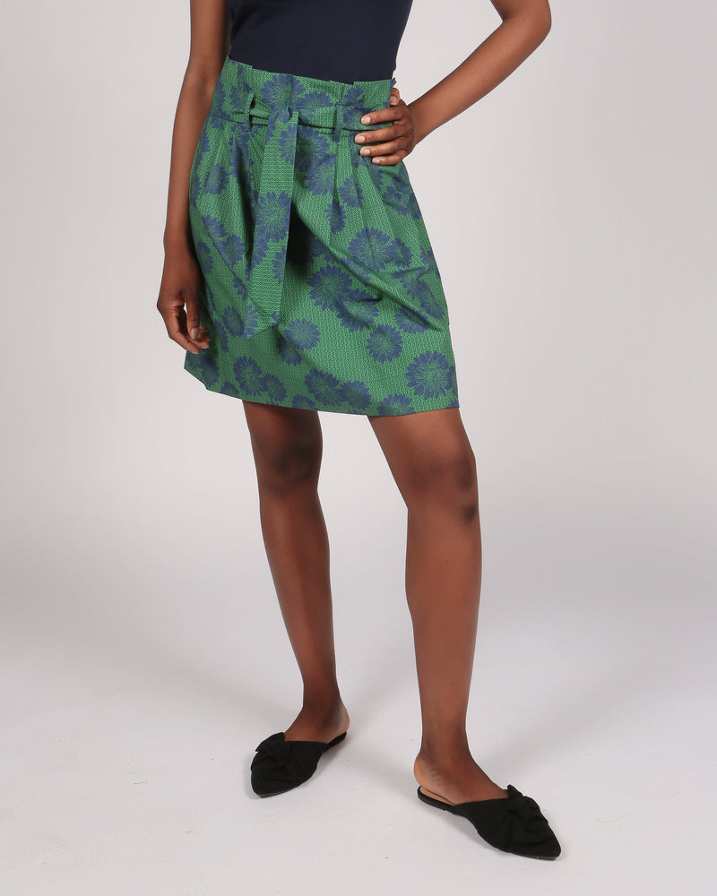 Abieri Blue Daisy Print Pleated Skirt With Belt