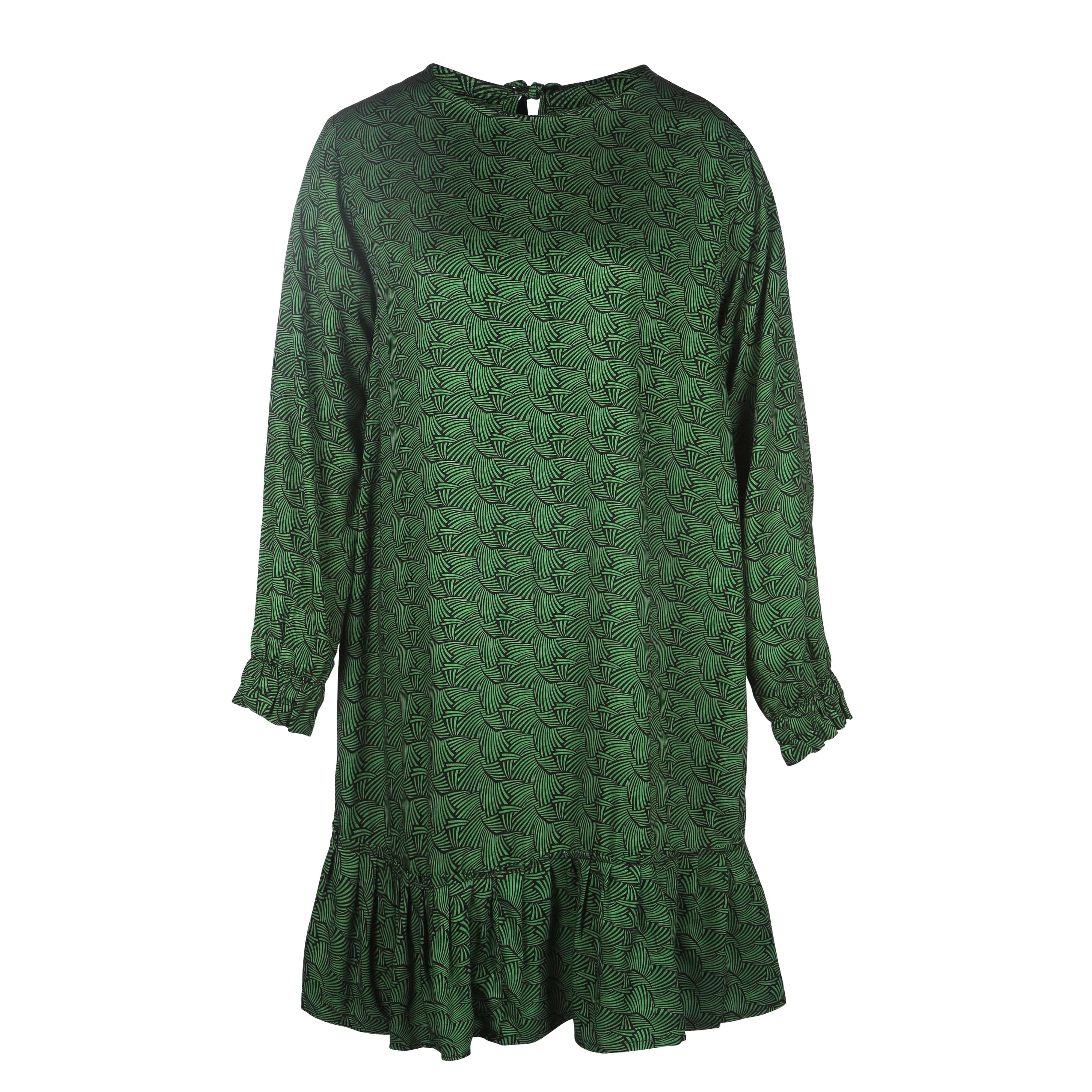 OKU LONG SLEEVED GREEN PRINTED DRESS  WITH FRILL HEM  IN LENZING™ ECOVERO™