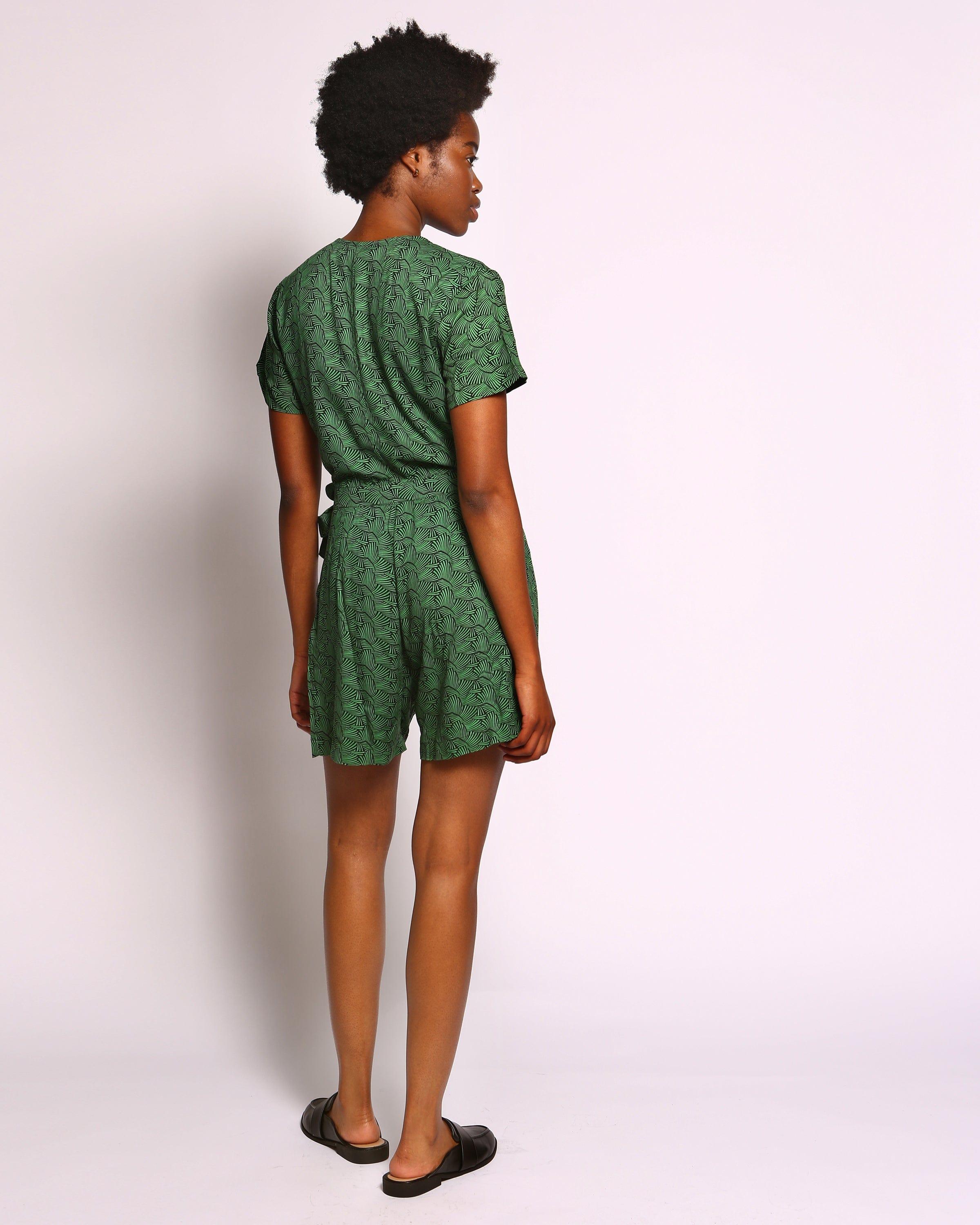 Suswa Green Kipepeo Print Lenzing™ Ecovero™ Wrap Playsuit with Short Sleeves