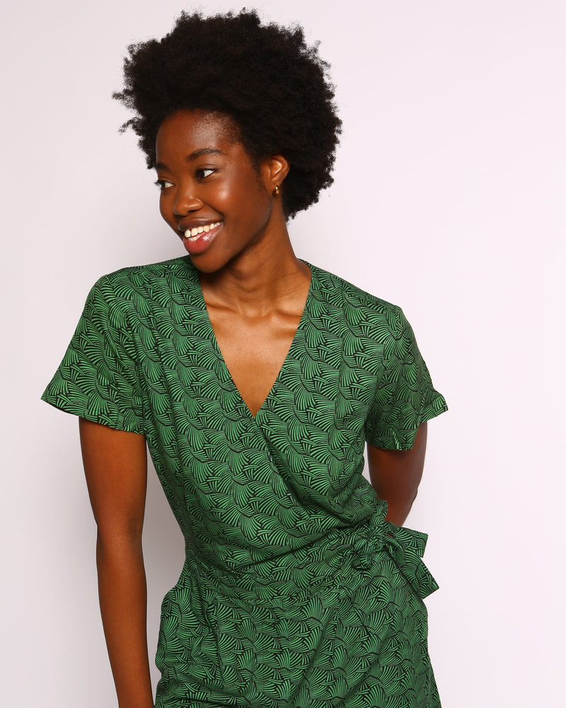 Suswa Green Kipepeo Print Lenzing™ Ecovero™ Wrap Playsuit with Short Sleeves