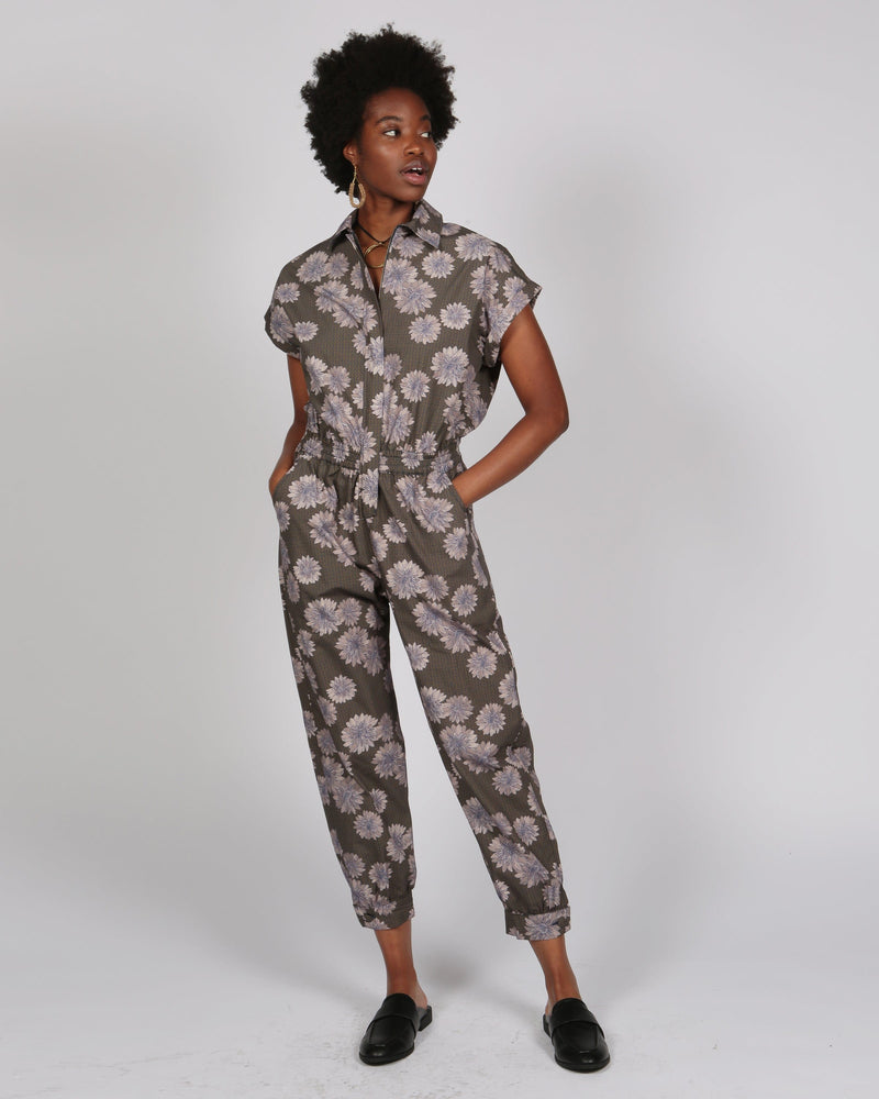 Agou Gold Daisy Print Jumpsuit with Cap Sleeves