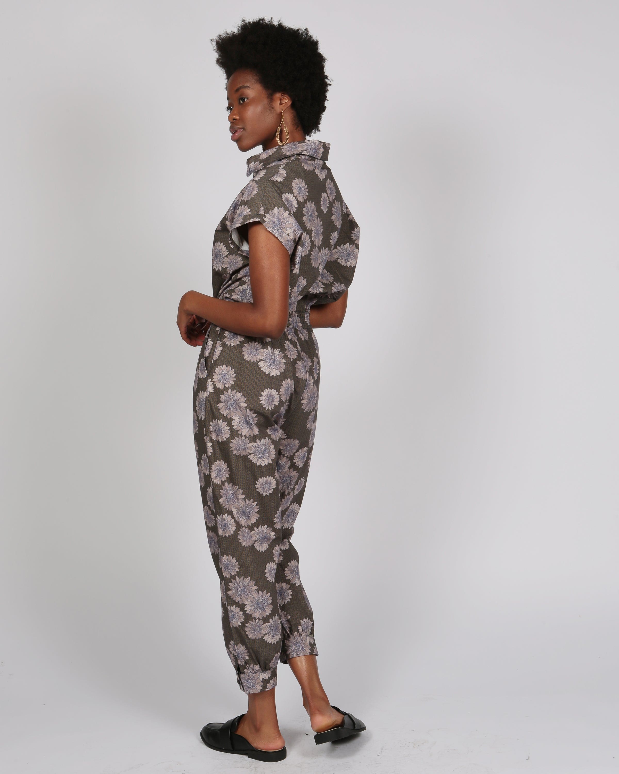 Agou Gold Daisy Print Jumpsuit with Cap Sleeves