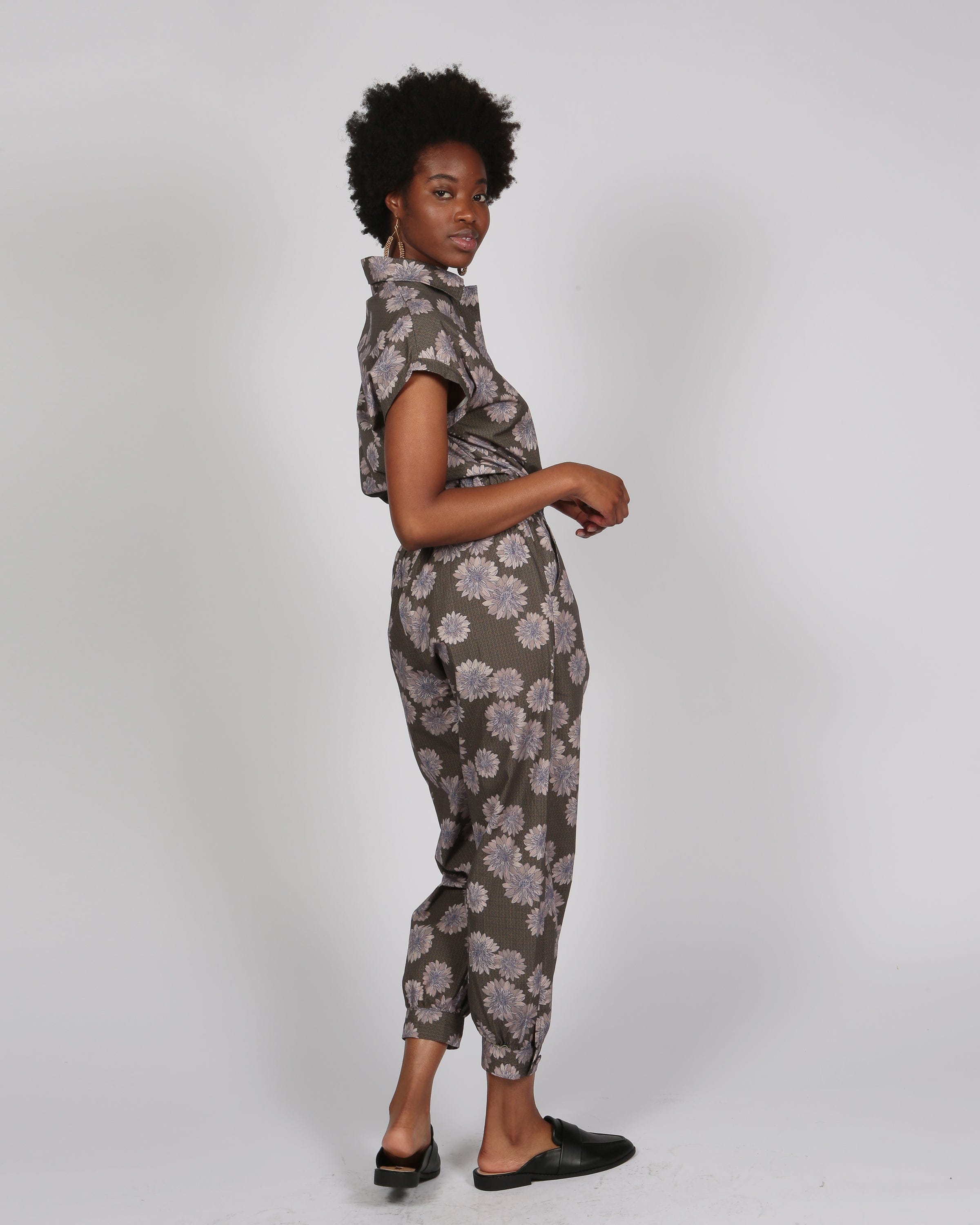 Agou Gold Daisy Print Jumpsuit with Cap Sleeves