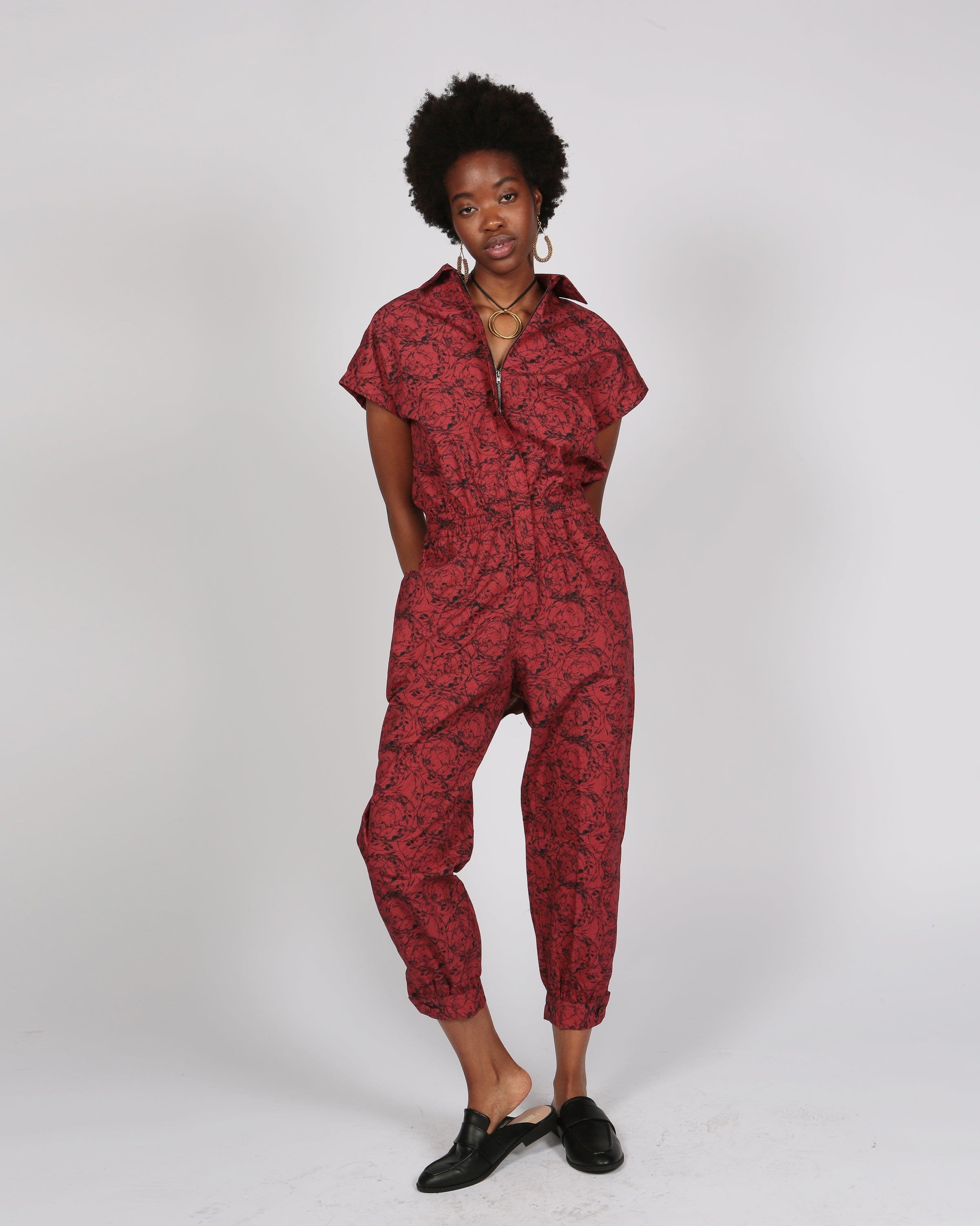 Agou Ruby Red Floral Print Jumpsuit with Cap Sleeves