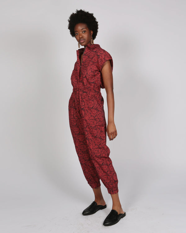 Agou Ruby Red Floral Print Jumpsuit with Cap Sleeves