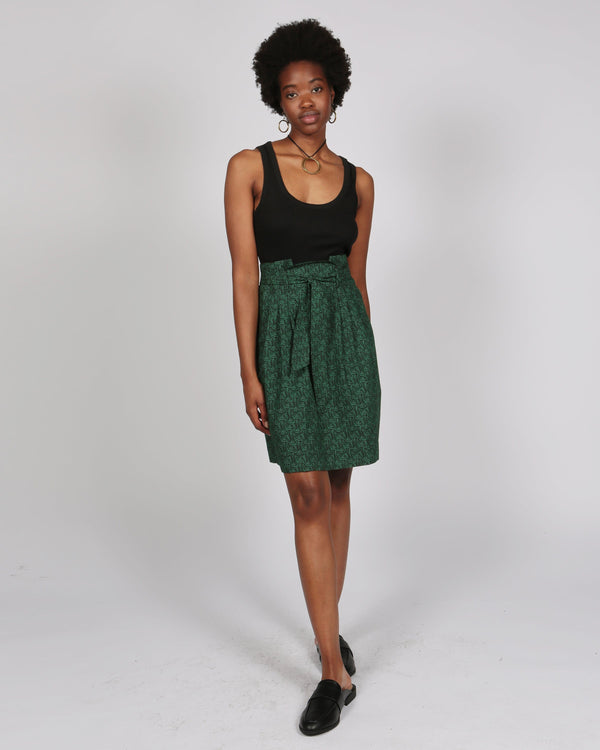 Abieri Green and Black  Print Pleated Skirt With Belt